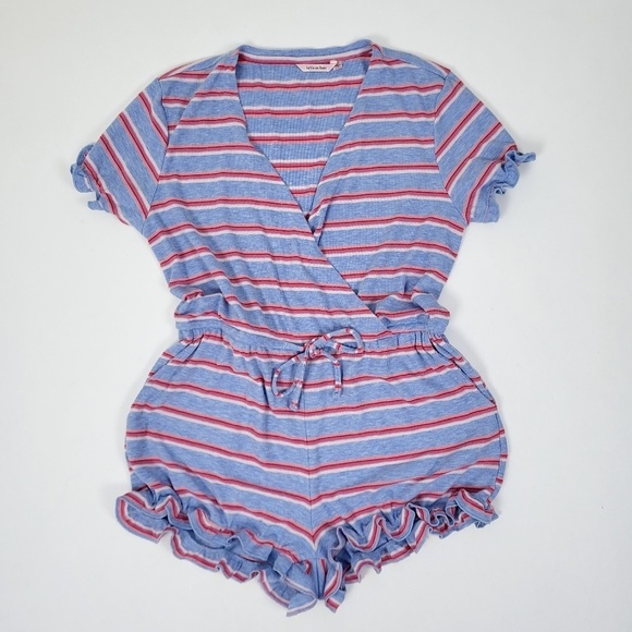 La Vie en Rose romper striped ruffles short rayon short sleeve summer spring - Picture 2 of 14